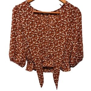 Sienna Sky Brown Floral Pattern Blouse Cropped with Tie‎ at Waist Women's Size M